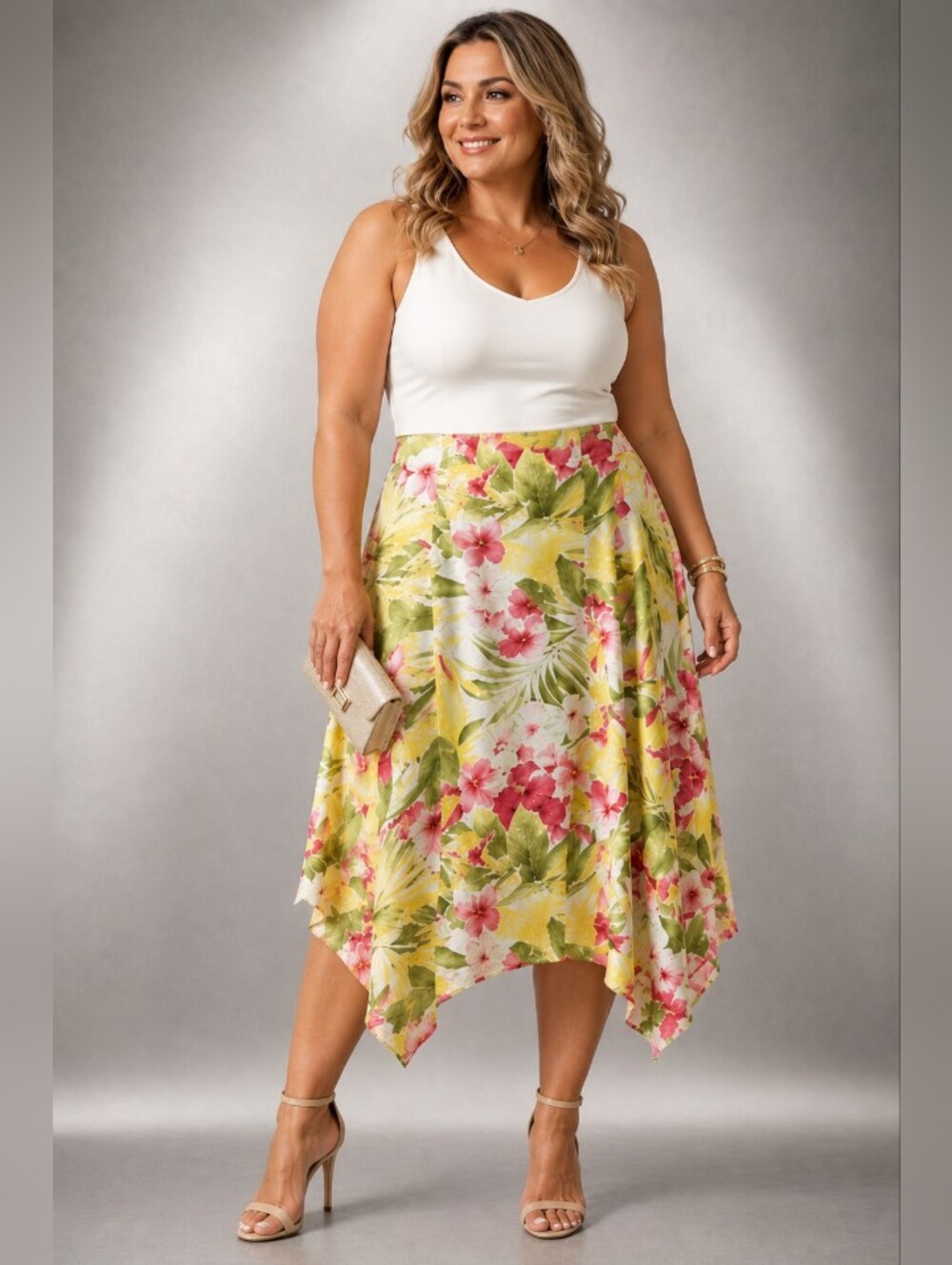 Nygard  Silk Tropical Floral print Asymmetrical hem Midi Skirt